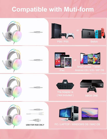 USB Gaming Headset with Mic for PC, RGB Rainbow Backlit Headphone, Virtual 7.1 Surround Sound, 50mm Driver, Soft Memory Earmuffs, Wired Laptop Desktop Computer Headset