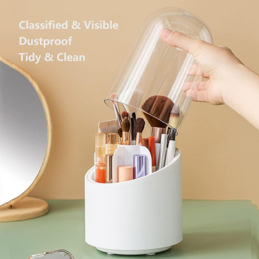 Rotating Makeup Brush Holder with Lid, Dustproof Cosmetic Brush Storage Organizer for Vanity Bathroom Dresser, Pen Pencil Holder for Office School, Acrylic Rack